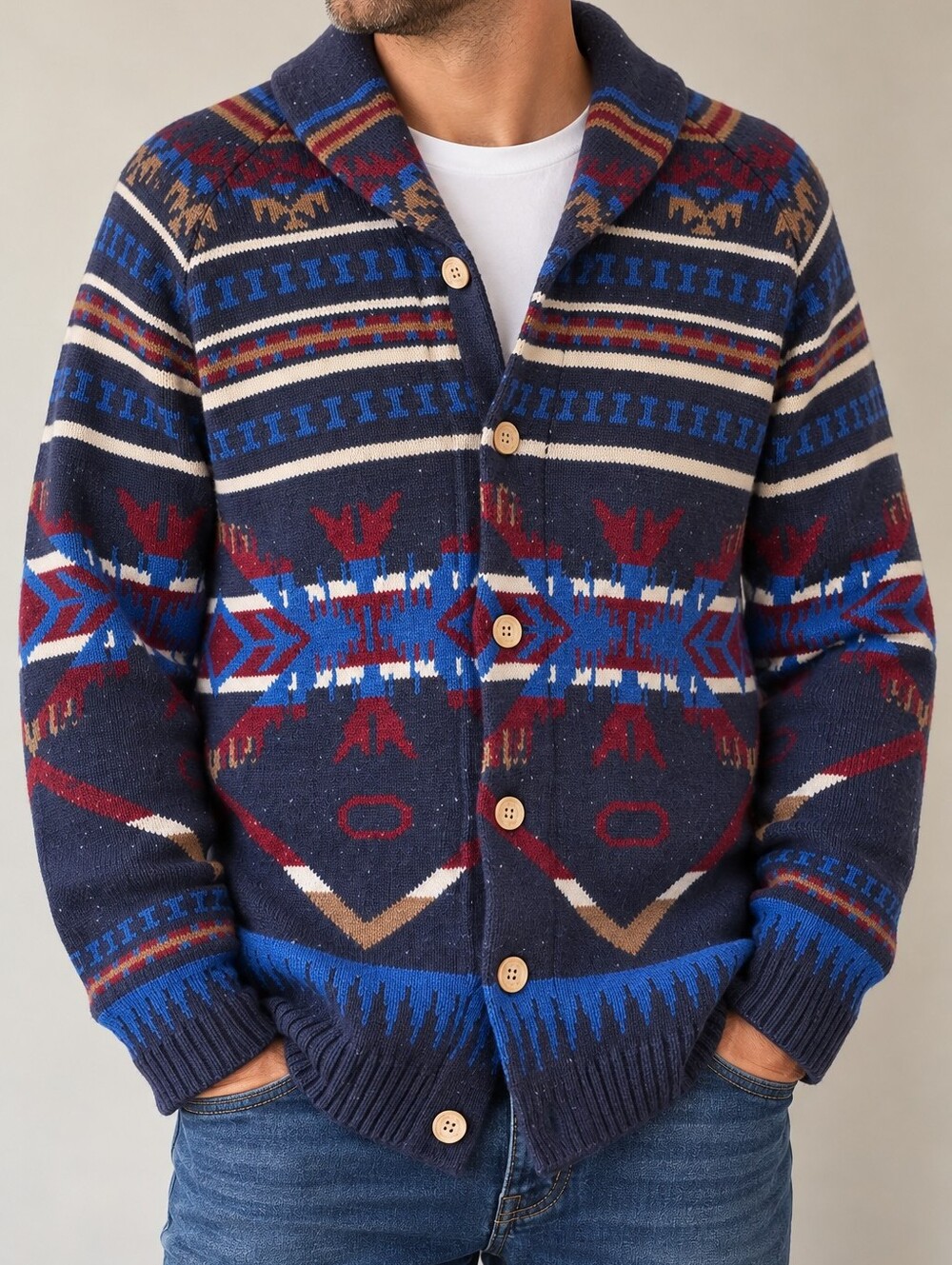 H&M L.O.G.G. WOOL BLEND SOUTHWESTERN AZTEC SHAWL COLLAR CARDIGAN — SIZE M